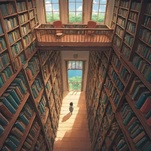 Prompt: Endless library  looking down, studio ghibli, illustration

