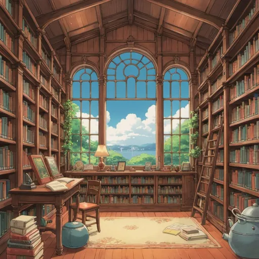 Prompt: Library, studio ghibli, illustration
