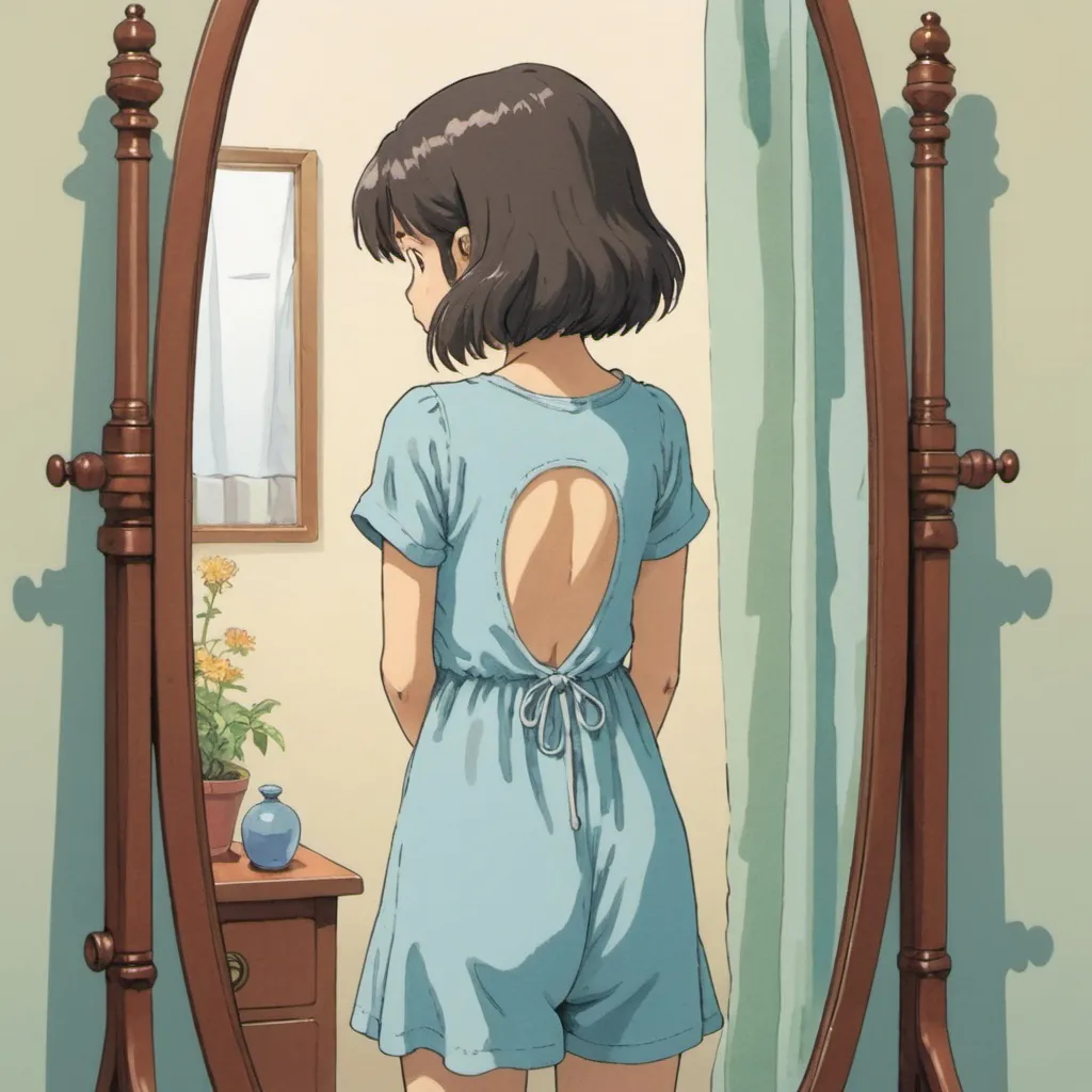 Prompt: girl looking at her body in a mirror, Studio Ghibli, illustration 