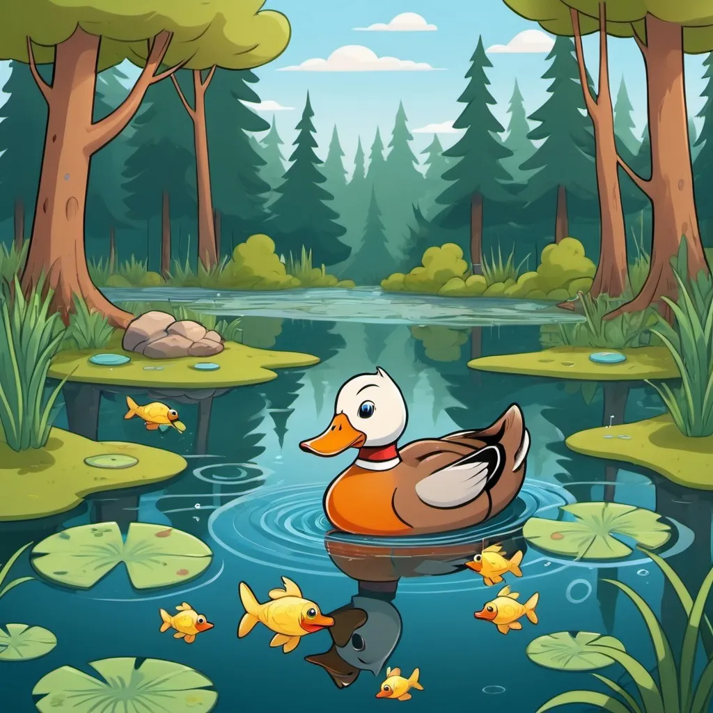 Prompt: a duck on a pond with fish under him. the pond is surrounded by a forest in a cartoon style 