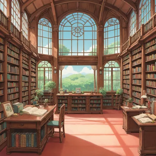 Prompt: Library, studio ghibli, illustration
