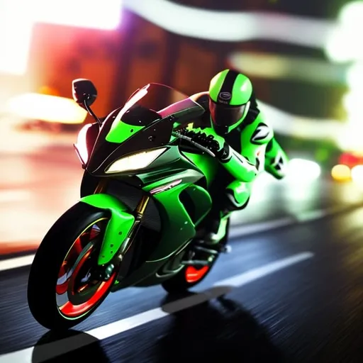 Prompt: photorealistic sportbike rainy night motion blur 
