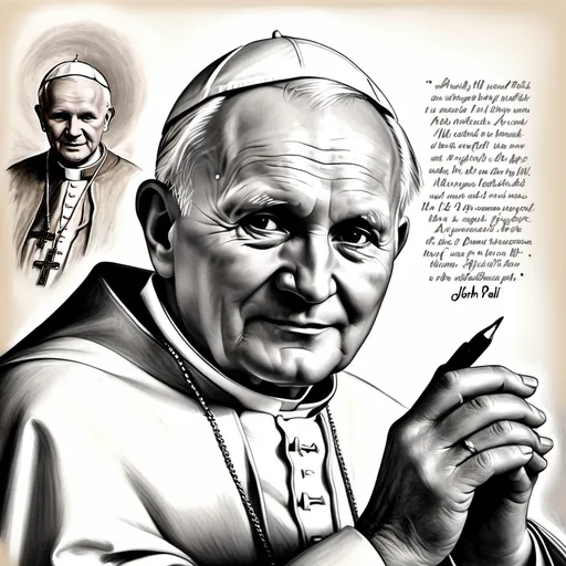 Prompt: John Paul II through my eyes, drawn in pencil with beautiful  quote in polish