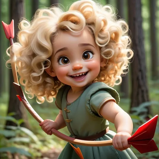 Prompt: 2-year-old girl, blonde and curly hair, Brown eyes. Smiling un a forest trying to lift Up her arrow