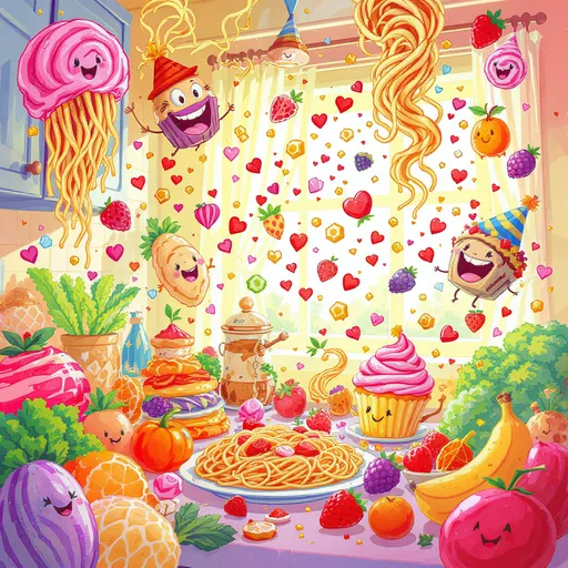 Prompt: Envision a vibrant and whimsical scene filled with an explosion of colorful doodles representing an array of delightful foods. Imagine swirling, hand-drawn pastries, juicy fruits bursting with life, and playful, oversized vegetables with smiling faces. The backdrop is a cheerful, sunlit kitchen, where light streams through the window, casting warm, inviting rays that highlight the intricate details in each doodle. The air feels light and carefree, as if the very essence of joy is captured in this charming tableau. Each food doodle interacts playfully, with whimsical animations – a spaghetti noodle twirling in mid-air and a playful cupcake wearing a party hat. This lively composition exudes the spirit of a carefree celebration, perfect for a colorful, cartoonish style illustration that invites imagination and happiness.