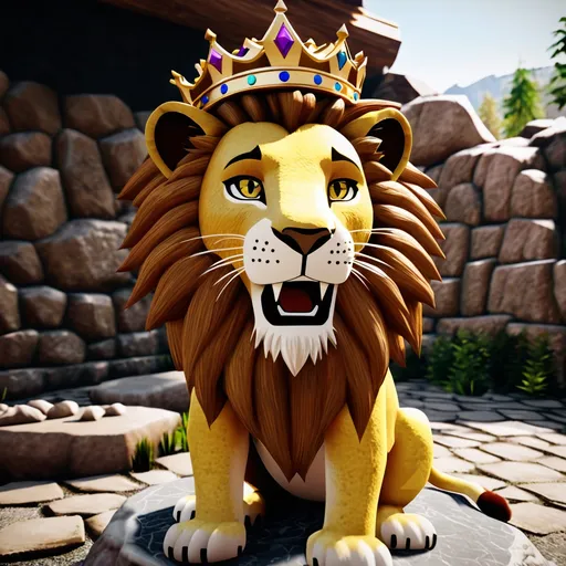 Prompt: a lion with a crown on its head sitting on a stone floor in a zoo setting with a rock wall and trees in the background, Altoon Sultan, furry art, unreal engine 5 quality render, a character portrait