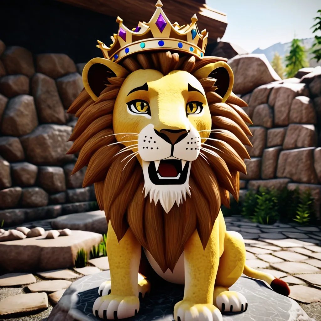 Prompt: a lion with a crown on its head sitting on a stone floor in a zoo setting with a rock wall and trees in the background, Altoon Sultan, furry art, unreal engine 5 quality render, a character portrait