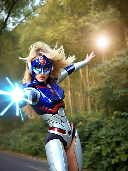 Prompt: a woman transformer car, hero mask, blond hair, flying