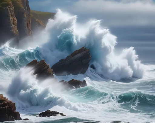 Prompt: Big Ocean waves crashing against clifts coast 