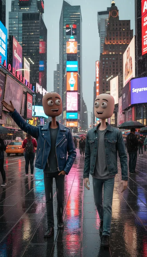 Prompt: make both brown guy and white guy walking in time square of New York 