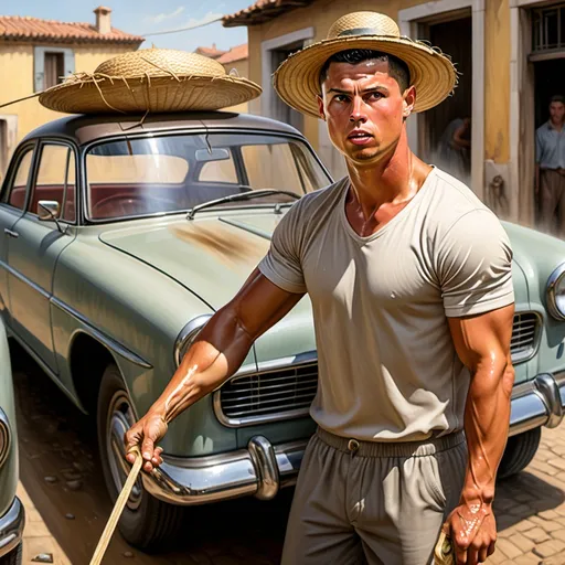 Prompt: Make me a high realistic image of Ronaldo washing a car as a car washer with old 1900 background and a straw hat on his head. But all the detail be very realistic even his expression