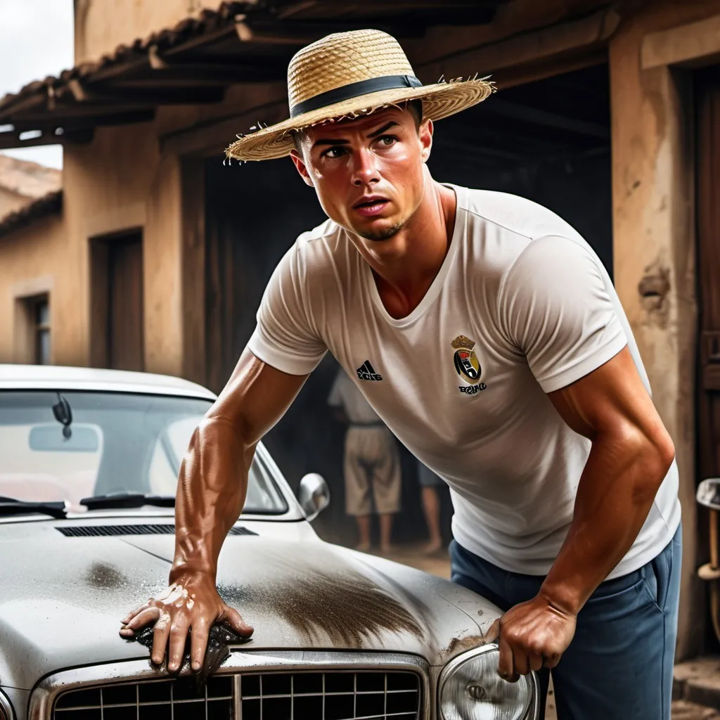 Prompt: Make me a high realistic image of Ronaldo washing a car as a car washer with old 1900 background and a straw hat on his head. But all the detail be very realistic even his expression