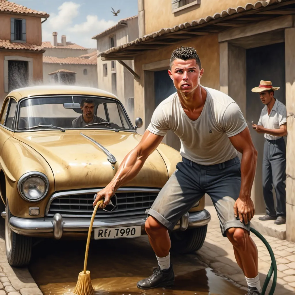 Prompt: Make me a high realistic image of Ronaldo washing a car as a car washer with old 1900 background and a straw hat on his head. But all the detail be very realistic even his expression