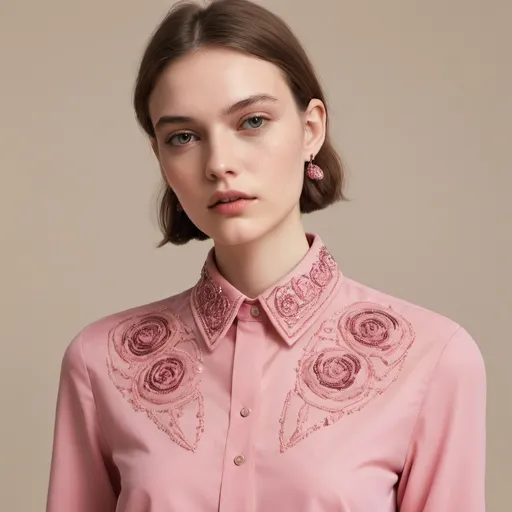Prompt: a pink shirt, with a bead-embroidered collar, in abstract, non-floral motifs and the same rose hue