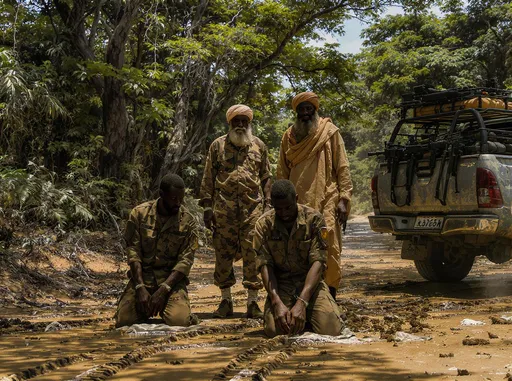 Prompt: "Ultra-realistic, cinematic photo of a dramatic capture scene in the Middle Shabelle region of Somalia. The environment is a dense green jungle with large acacia trees and a wet, muddy sand road with vehicle tire tracks.
The lighting is bright, harsh midday sun, creating strong, sharp shadows on the ground. The scene is vividly lit by direct sunlight.
In the foreground, two captured military officials are on their knees with their hands tied behind their backs.
They are wearing tattered camouflage military uniforms and have expressions of despair.
Standing behind them are two old Somali Al-Shabaab militants, approximately 64 years old, with long, full, reddish-brown beards and wearing traditional Somali clothing. They have stern and imposing expressions.
In the background, a technical pickup truck (a 'gaari tikniko') loaded with captured weapons is parked.
Shot with a DSLR camera, 8k resolution, photorealistic, high detail. --ar 16:9"