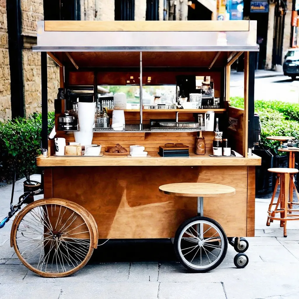 Prompt: I want to design a cart that can be used as a coffee shop and bartender table. For peddling and working with items and tables and chairs for customers and design and design of the space around the place