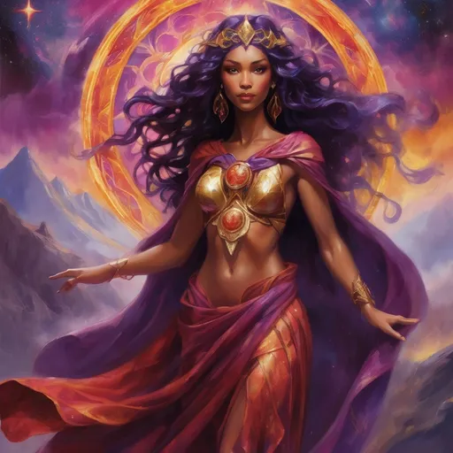 Prompt: Create a stunning, otherworldly depiction of Promethea, a divine, ethereal figure from the mystical realm of imagination. She stands tall, her flowing, radiant gown infused with the colors of a cosmic sunset—deep purples, golds, and fiery reds—shimmering with arcane symbols and celestial patterns. Her eyes glow with the wisdom of ancient gods, and in her hand, she holds a golden caduceus, representing knowledge and magic. Surrounding her is a swirling tapestry of mythical creatures, abstract patterns, and elements from various mythologies—Greek, Egyptian, and beyond—interweaving with the stars and planets of a boundless sky. The background should blend modern cityscapes with the dreamlike world of the Immateria, with bridges of light connecting them. Everything should feel like a fusion of magic and modernity, radiating power, wonder, and mystery."

This captures the essence of Promethea, blending mythology with the infinite imagination and dreamlike qualities central to the story.