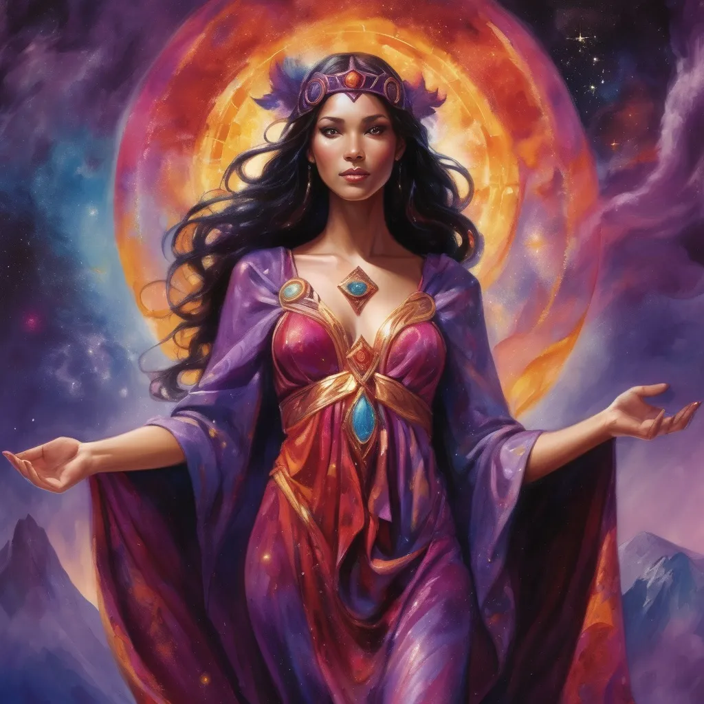 Prompt: Create a stunning, otherworldly depiction of Promethea, a divine, ethereal figure from the mystical realm of imagination. She stands tall, her flowing, radiant gown infused with the colors of a cosmic sunset—deep purples, golds, and fiery reds—shimmering with arcane symbols and celestial patterns. Her eyes glow with the wisdom of ancient gods, and in her hand, she holds a golden caduceus, representing knowledge and magic. Surrounding her is a swirling tapestry of mythical creatures, abstract patterns, and elements from various mythologies—Greek, Egyptian, and beyond—interweaving with the stars and planets of a boundless sky. The background should blend modern cityscapes with the dreamlike world of the Immateria, with bridges of light connecting them. Everything should feel like a fusion of magic and modernity, radiating power, wonder, and mystery."

This captures the essence of Promethea, blending mythology with the infinite imagination and dreamlike qualities central to the story.