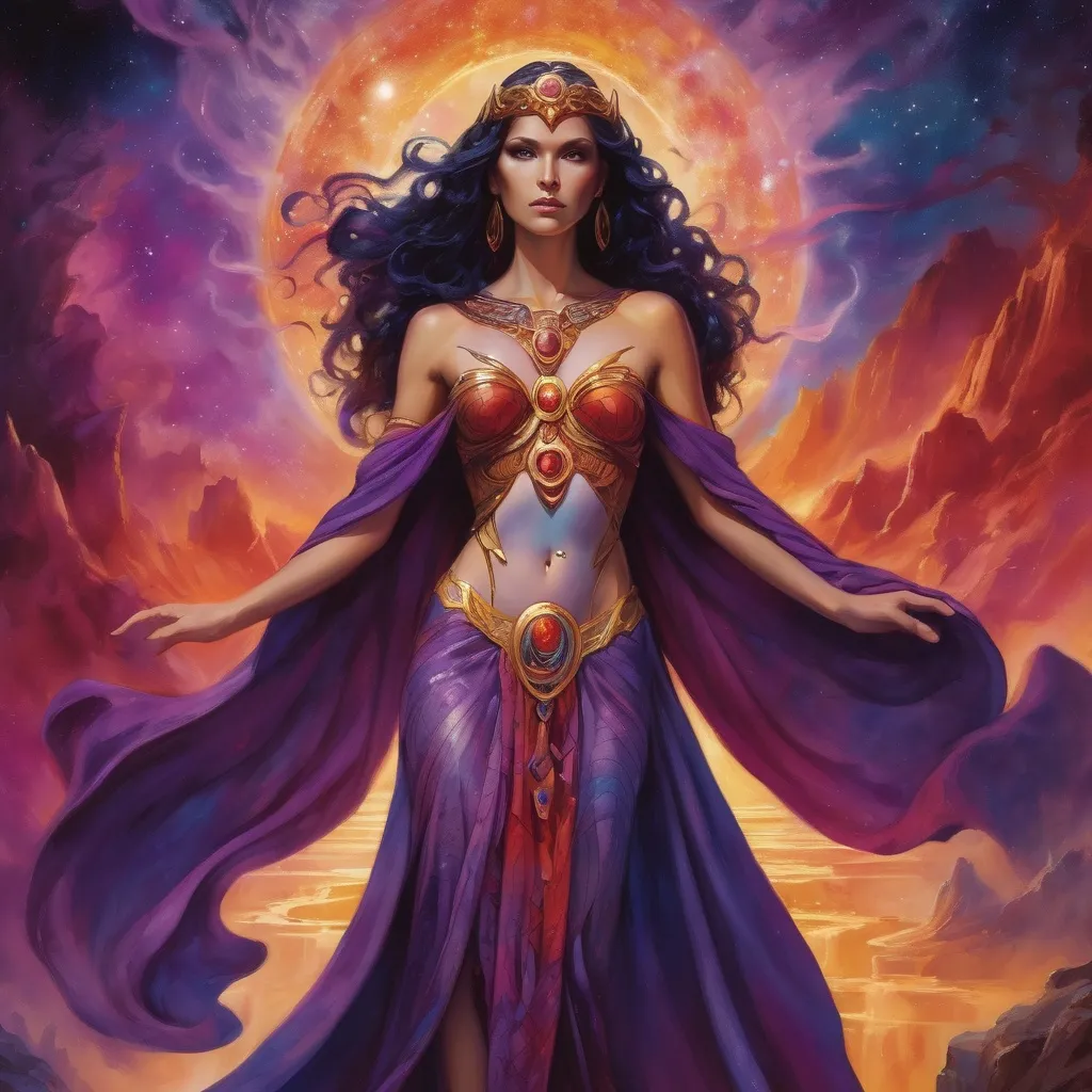 Prompt: Create a stunning, otherworldly depiction of Promethea, a divine, ethereal figure from the mystical realm of imagination. She stands tall, her flowing, radiant gown infused with the colors of a cosmic sunset—deep purples, golds, and fiery reds—shimmering with arcane symbols and celestial patterns. Her eyes glow with the wisdom of ancient gods, and in her hand, she holds a golden caduceus, representing knowledge and magic. Surrounding her is a swirling tapestry of mythical creatures, abstract patterns, and elements from various mythologies—Greek, Egyptian, and beyond—interweaving with the stars and planets of a boundless sky. The background should blend modern cityscapes with the dreamlike world of the Immateria, with bridges of light connecting them. Everything should feel like a fusion of magic and modernity, radiating power, wonder, and mystery."

This captures the essence of Promethea, blending mythology with the infinite imagination and dreamlike qualities central to the story.