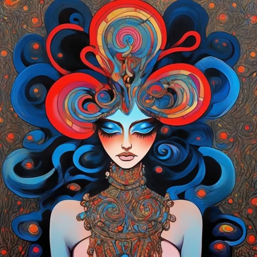 Prompt: Yo, picture Promethea, the Magic Goddess, slick with that mystic vibe, she got that outer-worldly glow, can't lie. Skin blue as the moonlight, laced up with black and red ink, ancient script drippin' secrets from realms where the real ones think. Eyes burnin' red like a signal fire, but she stay calm, cool, a goddess with a welcome that’s wired to your soul’s desire.

Her hair's wild, black as the void, flows like a river at night. A snake piece twisted up tight, guarding her crown like it’s ready to strike. The whole scene's bathed in a cool blue hue, shadows playin’ tricks, and she’s the queen, true. An aura that’s warm, but mystery’s the flavor, got you caught in the vibe, now that’s something to savor.

She got that fair skin, cool undertones, rockin' a butterfly headdress, intricate as life’s own mess. Black lines trace paths like life's labyrinth, eyes closed, pink shadowed lids in a serene stance. Urban chaos meets her calm, a paradox dance.

In the backdrop, a garden where rain’s been, leaves glisten like the streets after sin. A tapestry unfolds, sculpted and painted, colors blendin’—browns to golds, teals to blues, it’s like the whole spectrum's in use. Wisps of filaments, leaf, and insect wings, all up in the mix, like Klimt’s spirals but with a DOOM twist. Glossy finish catchin’ light, cosmic whispers in the night.

This scene’s a cosmic backdrop, where her hair flows like liquid dreams. Each strand’s got the universe in its seams. Layers on layers, surreal beauty stacked, a nod to Gobi's flicks, where every shade tells a tale, every hue hits the track. This ain’t just a picture; it’s a masterpiece on wax, divine symphonies laid down, MF DOOM on the tracks.