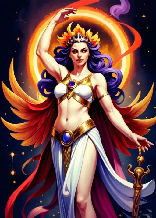 Prompt: Promethea, the goddess with her striking appearance and powerful presence, embodies a combination of beauty, strength, and magic. With her flowing red, gold, silver, and white robes inspired by iconic figures like Medusa and Wonder Woman, she exudes a regal aura. Her muscular arms and wide physique suggest both physical prowess and divine grace, while her staff, burning with purple, blue, and yellow fire, symbolizes her mystical abilities. Promethea represents a captivating mix of femininity and might, a true symbol of myth and wonder.