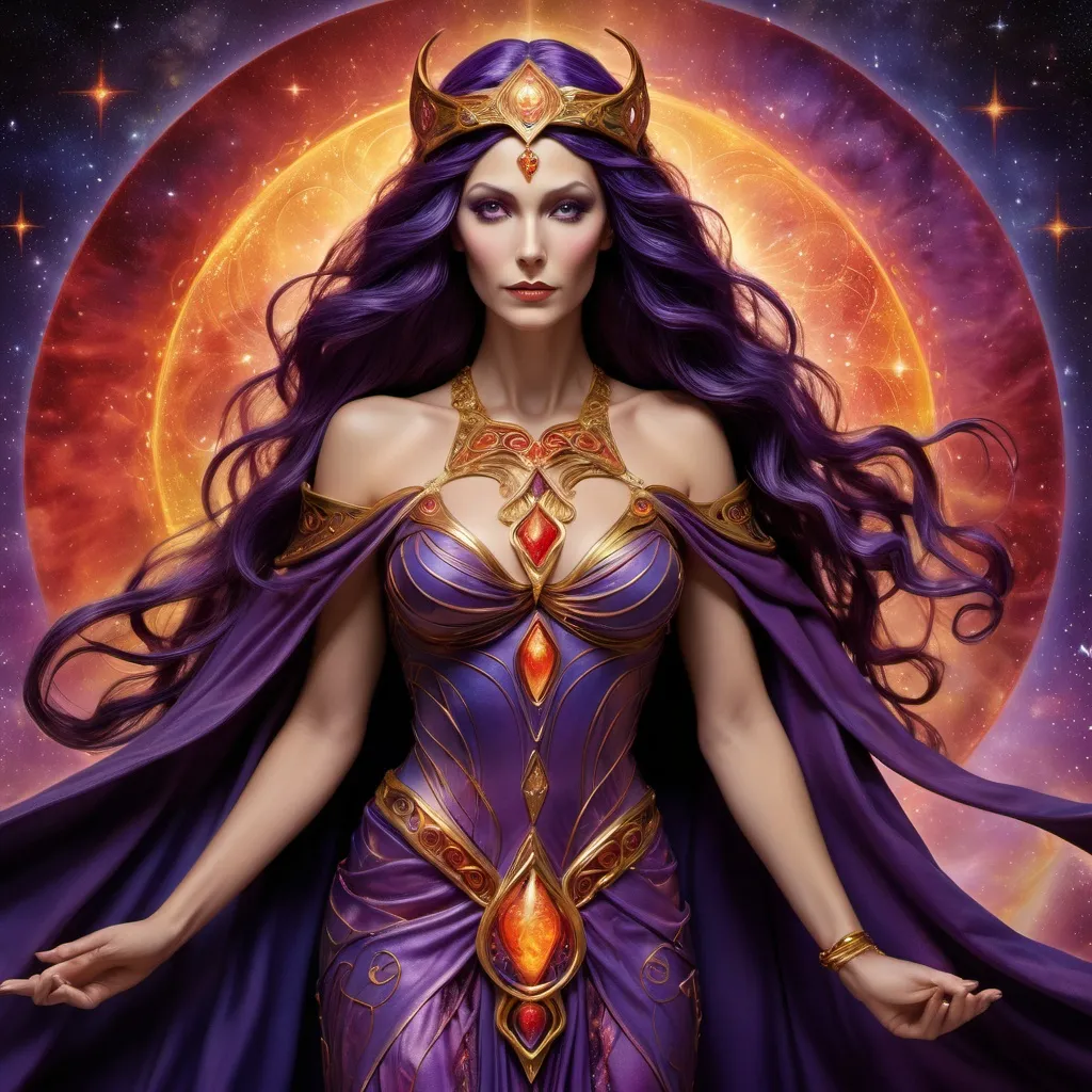 Prompt: Create a stunning, otherworldly depiction of Promethea, a divine, ethereal figure from the mystical realm of imagination. She stands tall, her flowing, radiant gown infused with the colors of a cosmic sunset—deep purples, golds, and fiery reds—shimmering with arcane symbols and celestial patterns. Her eyes glow with the wisdom of ancient gods, and in her hand, she holds a golden caduceus, representing knowledge and magic. Surrounding her is a swirling tapestry of mythical creatures, abstract patterns, and elements from various mythologies—Greek, Egyptian, and beyond—interweaving with the stars and planets of a boundless sky. The background should blend modern cityscapes with the dreamlike world of the Immateria, with bridges of light connecting them. Everything should feel like a fusion of magic and modernity, radiating power, wonder, and mystery."

This captures the essence of Promethea, blending mythology with the infinite imagination and dreamlike qualities central to the story.