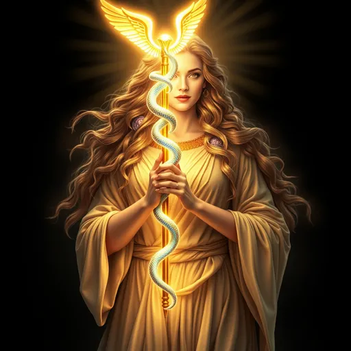 Prompt: Imagine Promethea, a powerful and divine figure, standing with a commanding presence. She is adorned in ancient, flowing robes that shimmer with a celestial glow. Her hair cascades down in waves, glowing with an ethereal light, and her eyes shine with wisdom and power.

In her hands, she holds a glowing caduceus. The staff is tall and golden, radiating a soft, otherworldly light. The two snakes entwined around the staff are alive with energy, their scales shimmering in iridescent hues of blue and green. Their eyes gleam with intelligence as they seem to pulse with life. The wings at the top of the caduceus are outstretched, made of pure light, and they flutter gently as if ready to take flight.

Promethea’s expression is serene yet powerful, her gaze focused on the caduceus as if drawing strength and knowledge from it. The background around her is dark, making the glowing caduceus and Promethea herself stand out as the focal points, bathed in a radiant, golden aura that seems to push back the darkness.