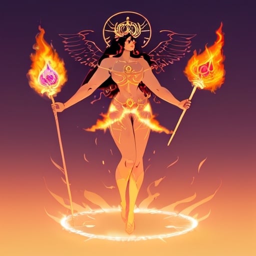 Prompt: FULL BODY, HYPER REALISTIC, PROMETHEA, GODDESS, MAGIC, ART, FIRE, LANGUAGE, BORDERS, PSYCHOPOMP, INSPIRATION, IMAGINATION, DIVINE, FEMALE, POWER, HOLDING A STAFF TOPPED WITH A FLAMING CADEUSUS