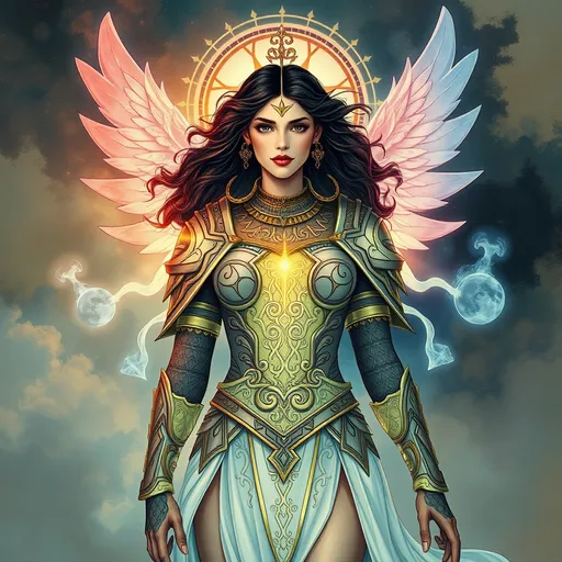 Prompt: Promethea is the embodiment of the imagination, myth, and storytelling. She is a concept and force that exists across different times, taking on various forms through different individuals who become her host.  Promethea is often depicted as a powerful, divine figure with a mythological and ethereal aesthetic. She wears armor-like attire, often adorned with intricate designs and symbols, embodying the mysticism and imagination she represents.