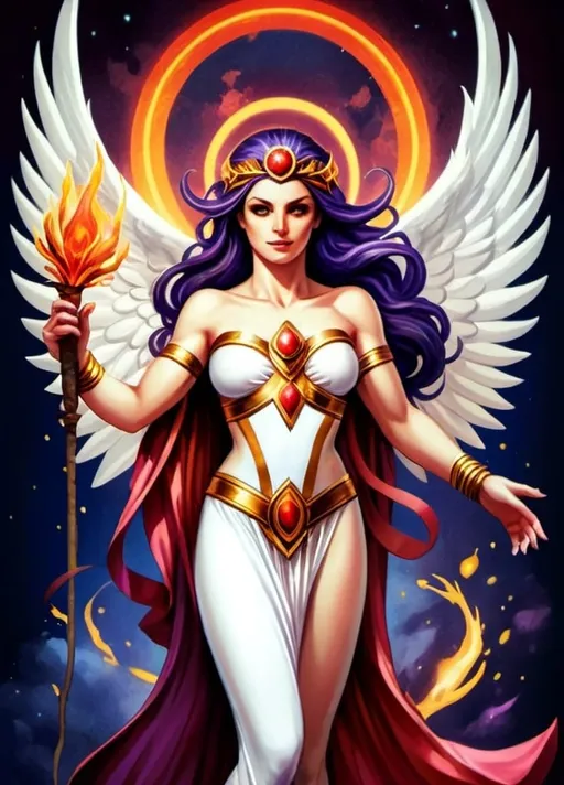 Prompt: Promethea, the goddess with her striking appearance and powerful presence, embodies a combination of beauty, strength, and magic. With her flowing red, gold, silver, and white robes inspired by iconic figures like Medusa and Wonder Woman, she exudes a regal aura. Her muscular arms and wide physique suggest both physical prowess and divine grace, while her staff, burning with purple, blue, and yellow fire, symbolizes her mystical abilities. Promethea represents a captivating mix of femininity and might, a true symbol of myth and wonder.