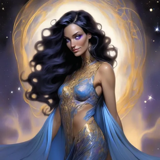 Prompt: Promethea, the magic goddess, is a stunningly beautiful being with a physique that exudes power and elegance. She stands tall at around 5'9" with a lithe yet athletic build, her curves honed from centuries of wielding her magical abilities. Her skin is a radiant porcelain-like complexion with a subtle shimmer, as if infused with the essence of the stars. Her raven-black hair cascades down her back like a waterfall of night, with subtle hints of purple and indigo that seem to shift and change color depending on the light. Her eyes burn with an inner fire, blazing like two sapphires that sparkle with an otherworldly intensity. Her features are chiseled and refined, with high cheekbones, a small nose, and lips that curve into a perpetual enigmatic smile. A delicate filigree of silver and gold adorns her ears, wrists, and throat, pulsing with a soft blue glow that seems to reflect the rhythm of the cosmos. As she moves, her very presence seems to command attention, as if the air itself responds to her magic.
