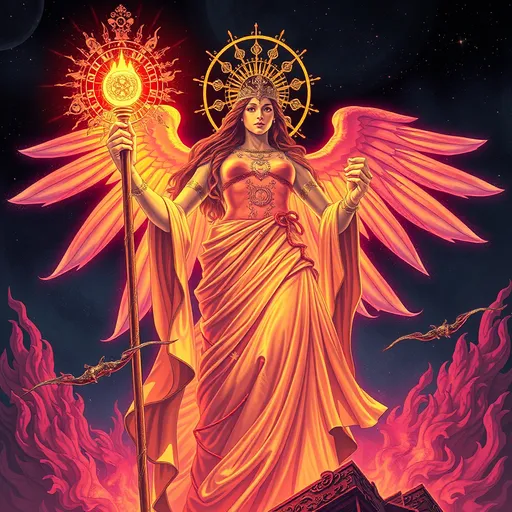 Prompt: PROMETHEA HOLDING A FLAMING GLOWING CADUCEUS REVACHOL FOREVER DISCO ELYSIUM