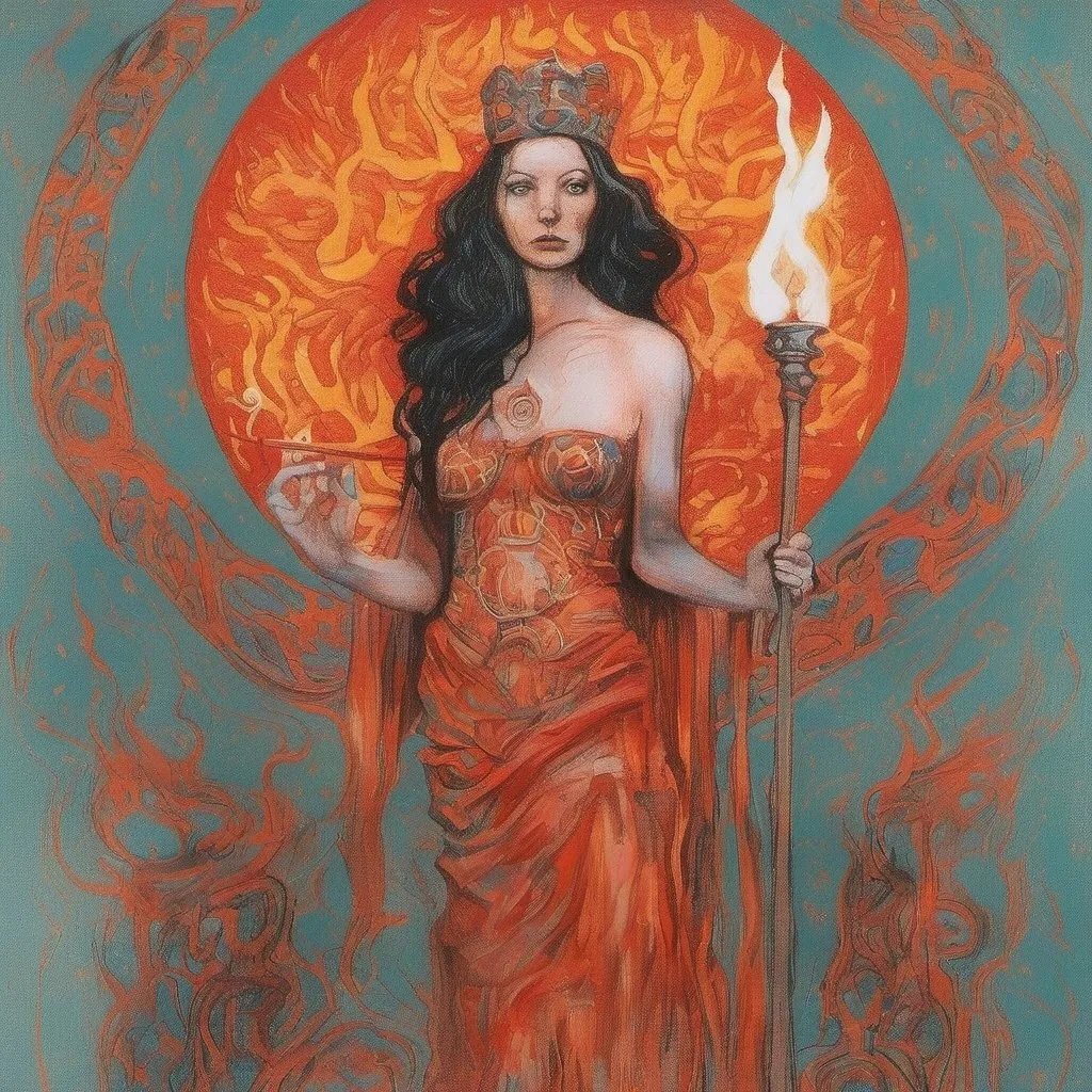 Prompt: FULL BODY, HYPER REALISTIC, PROMETHEA, GODDESS, MAGIC, ART, FIRE, LANGUAGE, BORDERS, PSYCHOPOMP, INSPIRATION, IMAGINATION, DIVINE, FEMALE, POWER, HOLDING A STAFF TOPPED WITH A FLAMING CADEUSUS