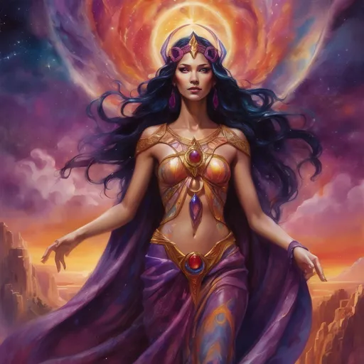 Prompt: Create a stunning, otherworldly depiction of Promethea, a divine, ethereal figure from the mystical realm of imagination. She stands tall, her flowing, radiant gown infused with the colors of a cosmic sunset—deep purples, golds, and fiery reds—shimmering with arcane symbols and celestial patterns. Her eyes glow with the wisdom of ancient gods, and in her hand, she holds a golden caduceus, representing knowledge and magic. Surrounding her is a swirling tapestry of mythical creatures, abstract patterns, and elements from various mythologies—Greek, Egyptian, and beyond—interweaving with the stars and planets of a boundless sky. The background should blend modern cityscapes with the dreamlike world of the Immateria, with bridges of light connecting them. Everything should feel like a fusion of magic and modernity, radiating power, wonder, and mystery."

This captures the essence of Promethea, blending mythology with the infinite imagination and dreamlike qualities central to the story.