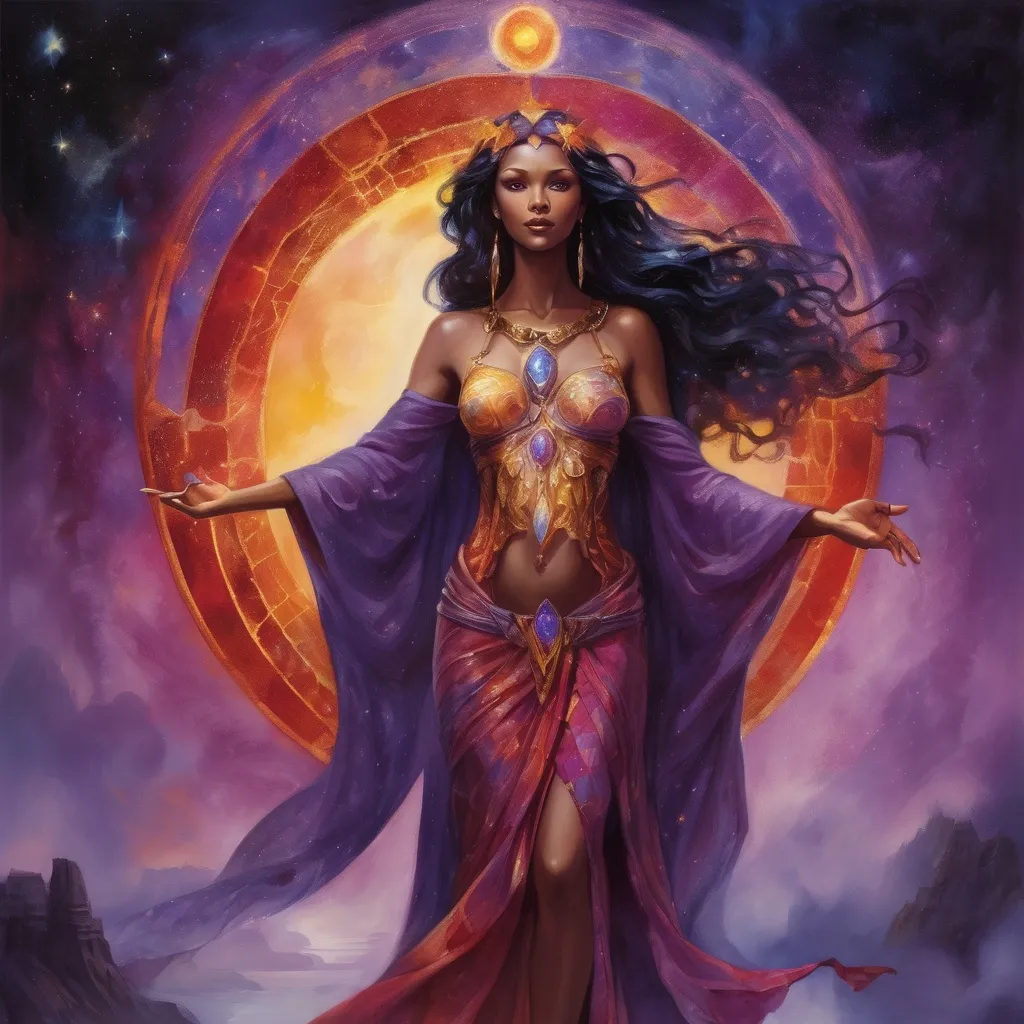 Prompt: Create a stunning, otherworldly depiction of Promethea, a divine, ethereal figure from the mystical realm of imagination. She stands tall, her flowing, radiant gown infused with the colors of a cosmic sunset—deep purples, golds, and fiery reds—shimmering with arcane symbols and celestial patterns. Her eyes glow with the wisdom of ancient gods, and in her hand, she holds a golden caduceus, representing knowledge and magic. Surrounding her is a swirling tapestry of mythical creatures, abstract patterns, and elements from various mythologies—Greek, Egyptian, and beyond—interweaving with the stars and planets of a boundless sky. The background should blend modern cityscapes with the dreamlike world of the Immateria, with bridges of light connecting them. Everything should feel like a fusion of magic and modernity, radiating power, wonder, and mystery."

This captures the essence of Promethea, blending mythology with the infinite imagination and dreamlike qualities central to the story.