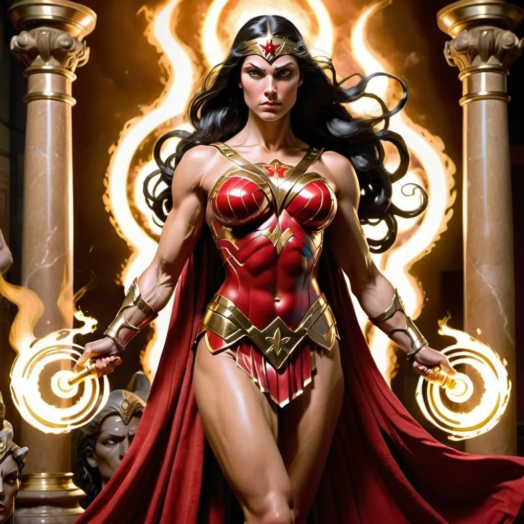 Prompt: The description evokes a powerful and imposing figure in the form of the Magic Goddess Promethea, reminiscent of Wonder Woman with bronze armor, red robes with gold trim, and a burning staff. The emphasis on her heavily muscled physique enhances her aura of strength and prowess, establishing her as a formidable presence in the realm of mythical beings.