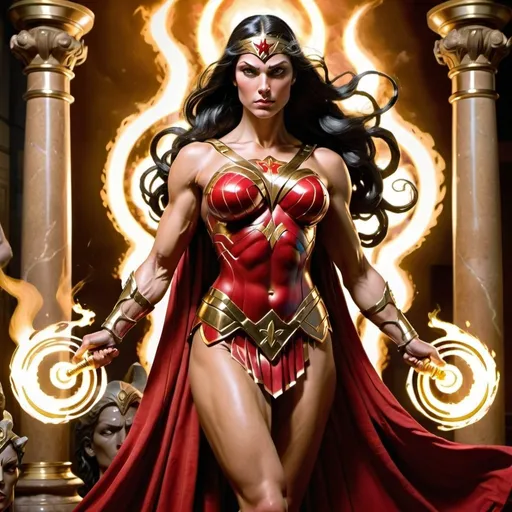 Prompt: The description evokes a powerful and imposing figure in the form of the Magic Goddess Promethea, reminiscent of Wonder Woman with bronze armor, red robes with gold trim, and a burning staff. The emphasis on her heavily muscled physique enhances her aura of strength and prowess, establishing her as a formidable presence in the realm of mythical beings.