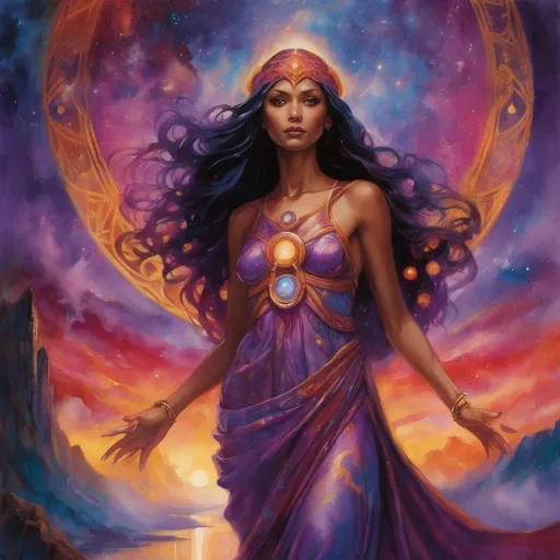 Prompt: Create a stunning, otherworldly depiction of Promethea, a divine, ethereal figure from the mystical realm of imagination. She stands tall, her flowing, radiant gown infused with the colors of a cosmic sunset—deep purples, golds, and fiery reds—shimmering with arcane symbols and celestial patterns. Her eyes glow with the wisdom of ancient gods, and in her hand, she holds a golden caduceus, representing knowledge and magic. Surrounding her is a swirling tapestry of mythical creatures, abstract patterns, and elements from various mythologies—Greek, Egyptian, and beyond—interweaving with the stars and planets of a boundless sky. The background should blend modern cityscapes with the dreamlike world of the Immateria, with bridges of light connecting them. Everything should feel like a fusion of magic and modernity, radiating power, wonder, and mystery."

This captures the essence of Promethea, blending mythology with the infinite imagination and dreamlike qualities central to the story.