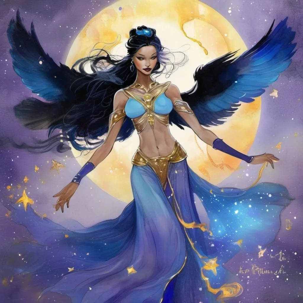 Prompt: Promethea, the magic goddess, is a stunningly beautiful being with a physique that exudes power and elegance. She stands tall at around 5'9" with a lithe yet athletic build, her curves honed from centuries of wielding her magical abilities. Her skin is a radiant porcelain-like complexion with a subtle shimmer, as if infused with the essence of the stars. Her raven-black hair cascades down her back like a waterfall of night, with subtle hints of purple and indigo that seem to shift and change color depending on the light. Her eyes burn with an inner fire, blazing like two sapphires that sparkle with an otherworldly intensity. Her features are chiseled and refined, with high cheekbones, a small nose, and lips that curve into a perpetual enigmatic smile. A delicate filigree of silver and gold adorns her ears, wrists, and throat, pulsing with a soft blue glow that seems to reflect the rhythm of the cosmos. As she moves, her very presence seems to command attention, as if the air itself responds to her magic.
