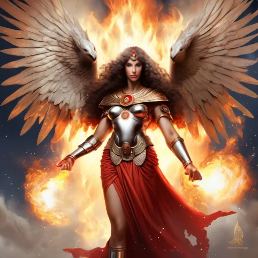 Prompt: in the style of r2roh PROMETHEA HEAVILY MUSCLED in RED ROBES and BRONZE ARMOR HOLDING A CADEUSUS FLAMING WITH HOLY FIRE, wings, stars in the background, fantasy, Egyptian art, GODDESS, ART, FIRE, WATER, ARIES, AQUARIUS, LANGUAGE, COMMUNICATION, BORDERS, INSPIRATION, MAGIC, FEMALE, POWER, STRONG ARMS, WARRIOR, THICK CURLY SILVER HAIR.