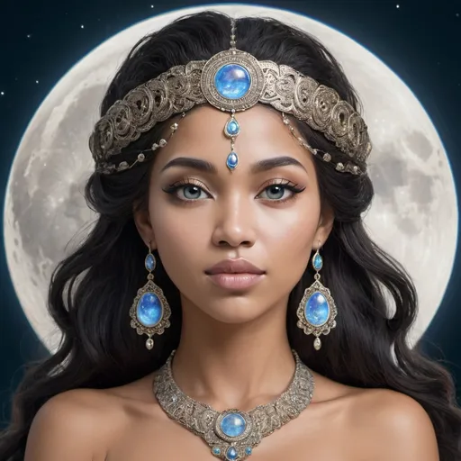 Prompt: THE BEAUTIFUL FACE OF THE MOON GODDESS