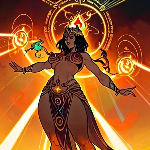 Prompt: Promethea represents a captivating fusion of divine qualities attributed to Goddesses, encompassing magic, art, fire, language, and power. With her Egyptian and Irish heritage, she embodies a unique blend of cultural influences, while her huge thick arms symbolize her immense strength and presence as a formidable female deity.