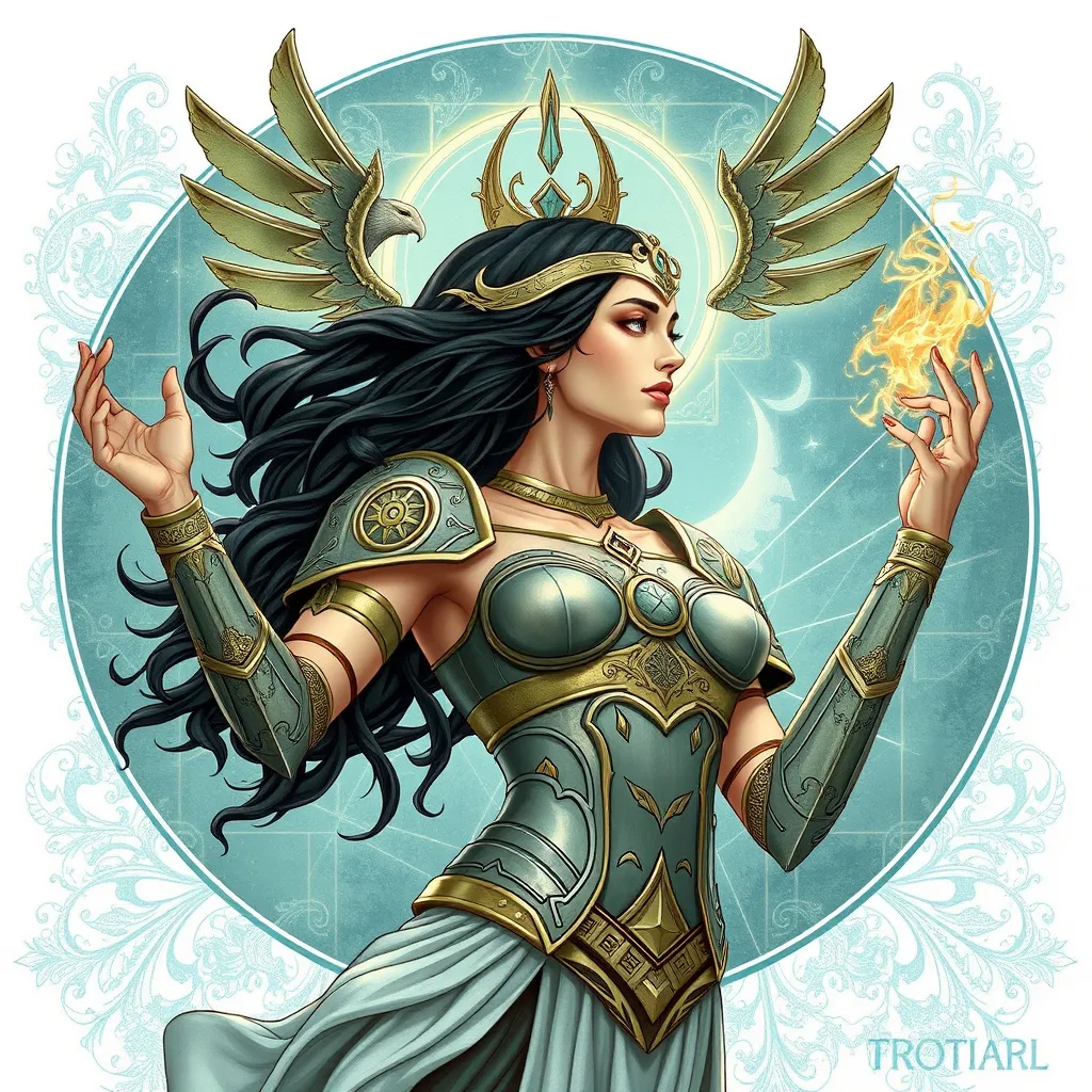 Prompt: Promethea is the embodiment of the imagination, myth, and storytelling. She is a concept and force that exists across different times, taking on various forms through different individuals who become her host.  Promethea is often depicted as a powerful, divine figure with a mythological and ethereal aesthetic. She wears armor-like attire, often adorned with intricate designs and symbols, embodying the mysticism and imagination she represents.