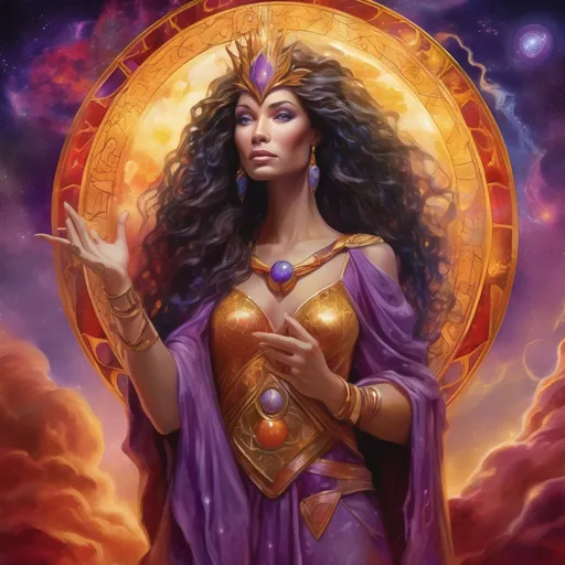 Prompt: Create a stunning, otherworldly depiction of Promethea, a divine, ethereal figure from the mystical realm of imagination. She stands tall, her flowing, radiant gown infused with the colors of a cosmic sunset—deep purples, golds, and fiery reds—shimmering with arcane symbols and celestial patterns. Her eyes glow with the wisdom of ancient gods, and in her hand, she holds a golden caduceus, representing knowledge and magic. Surrounding her is a swirling tapestry of mythical creatures, abstract patterns, and elements from various mythologies—Greek, Egyptian, and beyond—interweaving with the stars and planets of a boundless sky. The background should blend modern cityscapes with the dreamlike world of the Immateria, with bridges of light connecting them. Everything should feel like a fusion of magic and modernity, radiating power, wonder, and mystery."

This captures the essence of Promethea, blending mythology with the infinite imagination and dreamlike qualities central to the story.