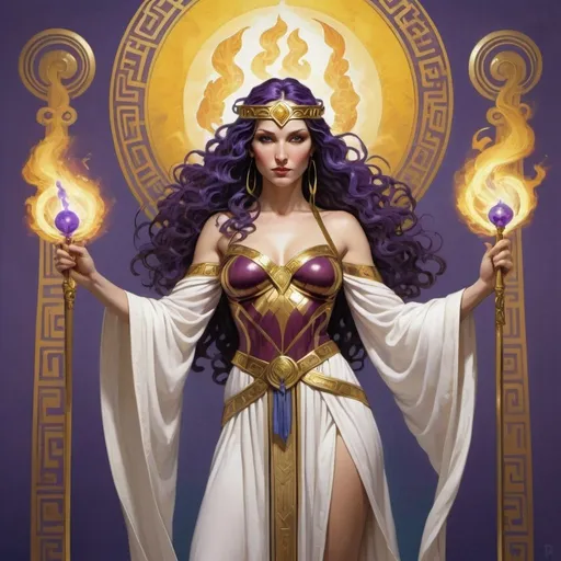 Prompt: IN R2ROH'S STYLE, PROMETHEA; THICK ARMS, THE MAGIC GODDESS PROMETHEA MODELED ON MONA LISA, MIDDLE AGED IRISH LOOKING, MEDUSA, WONDER WOMAN, SHE-HULK, BAT-WOMAN, ISIS, TITANIA, BAT-GIRL, SILVER CURLY HAIR, FLOWING RED AND WHITE ROBES WITH GOLD GREEK-KEY TRIM, HOLDING A PURPLE, BLUE, YELLOW BURNING STAFF, PROMETHEA, GODDESS, ART, LANGUAGE, INSPIRATION, FIRE, BORDERS, MAGIC, DIVINE, FEMALE, POWER