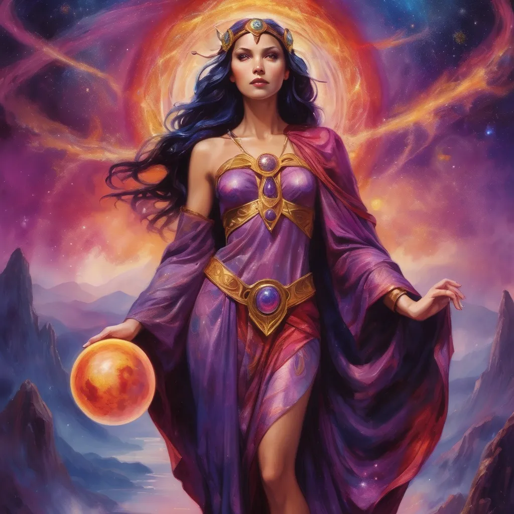 Prompt: Create a stunning, otherworldly depiction of Promethea, a divine, ethereal figure from the mystical realm of imagination. She stands tall, her flowing, radiant gown infused with the colors of a cosmic sunset—deep purples, golds, and fiery reds—shimmering with arcane symbols and celestial patterns. Her eyes glow with the wisdom of ancient gods, and in her hand, she holds a golden caduceus, representing knowledge and magic. Surrounding her is a swirling tapestry of mythical creatures, abstract patterns, and elements from various mythologies—Greek, Egyptian, and beyond—interweaving with the stars and planets of a boundless sky. The background should blend modern cityscapes with the dreamlike world of the Immateria, with bridges of light connecting them. Everything should feel like a fusion of magic and modernity, radiating power, wonder, and mystery."

This captures the essence of Promethea, blending mythology with the infinite imagination and dreamlike qualities central to the story.