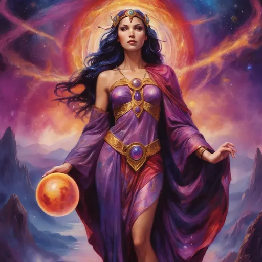 Prompt: Create a stunning, otherworldly depiction of Promethea, a divine, ethereal figure from the mystical realm of imagination. She stands tall, her flowing, radiant gown infused with the colors of a cosmic sunset—deep purples, golds, and fiery reds—shimmering with arcane symbols and celestial patterns. Her eyes glow with the wisdom of ancient gods, and in her hand, she holds a golden caduceus, representing knowledge and magic. Surrounding her is a swirling tapestry of mythical creatures, abstract patterns, and elements from various mythologies—Greek, Egyptian, and beyond—interweaving with the stars and planets of a boundless sky. The background should blend modern cityscapes with the dreamlike world of the Immateria, with bridges of light connecting them. Everything should feel like a fusion of magic and modernity, radiating power, wonder, and mystery."

This captures the essence of Promethea, blending mythology with the infinite imagination and dreamlike qualities central to the story.