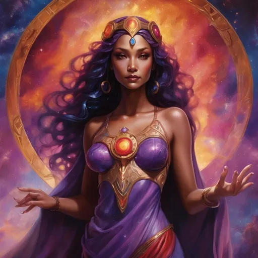 Prompt: Create a stunning, otherworldly depiction of Promethea, a divine, ethereal figure from the mystical realm of imagination. She stands tall, her flowing, radiant gown infused with the colors of a cosmic sunset—deep purples, golds, and fiery reds—shimmering with arcane symbols and celestial patterns. Her eyes glow with the wisdom of ancient gods, and in her hand, she holds a golden caduceus, representing knowledge and magic. Surrounding her is a swirling tapestry of mythical creatures, abstract patterns, and elements from various mythologies—Greek, Egyptian, and beyond—interweaving with the stars and planets of a boundless sky. The background should blend modern cityscapes with the dreamlike world of the Immateria, with bridges of light connecting them. Everything should feel like a fusion of magic and modernity, radiating power, wonder, and mystery."

This captures the essence of Promethea, blending mythology with the infinite imagination and dreamlike qualities central to the story.