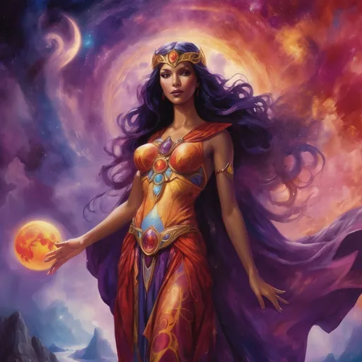 Prompt: Create a stunning, otherworldly depiction of Promethea, a divine, ethereal figure from the mystical realm of imagination. She stands tall, her flowing, radiant gown infused with the colors of a cosmic sunset—deep purples, golds, and fiery reds—shimmering with arcane symbols and celestial patterns. Her eyes glow with the wisdom of ancient gods, and in her hand, she holds a golden caduceus, representing knowledge and magic. Surrounding her is a swirling tapestry of mythical creatures, abstract patterns, and elements from various mythologies—Greek, Egyptian, and beyond—interweaving with the stars and planets of a boundless sky. The background should blend modern cityscapes with the dreamlike world of the Immateria, with bridges of light connecting them. Everything should feel like a fusion of magic and modernity, radiating power, wonder, and mystery."

This captures the essence of Promethea, blending mythology with the infinite imagination and dreamlike qualities central to the story.