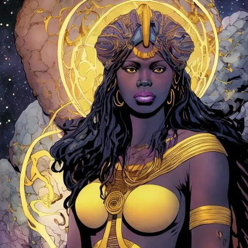 Prompt: The color of Promethea's skin also varies depending on the artist's interpretation and the specific issue of the comic book series. In illustrations, she has been depicted with a range of skin tones, including pale white, fair, or even a more exotic or otherworldly hue. The diverse portrayals of her skin color might be due to the artistic style of the illustrator or symbolic choices related to the character's transformative and mythological nature.